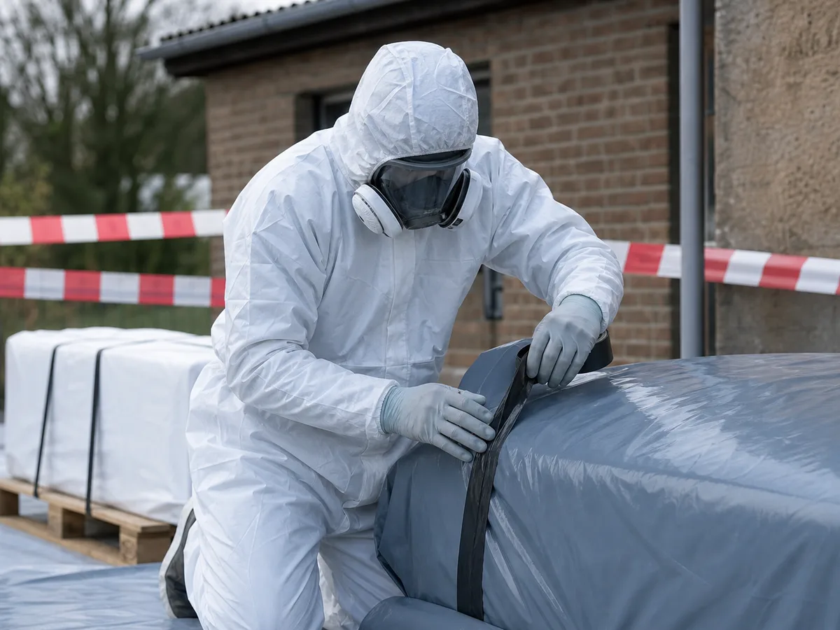 Specialist verpakt asbesthoudend materiaal in een gecontroleerde werfzone