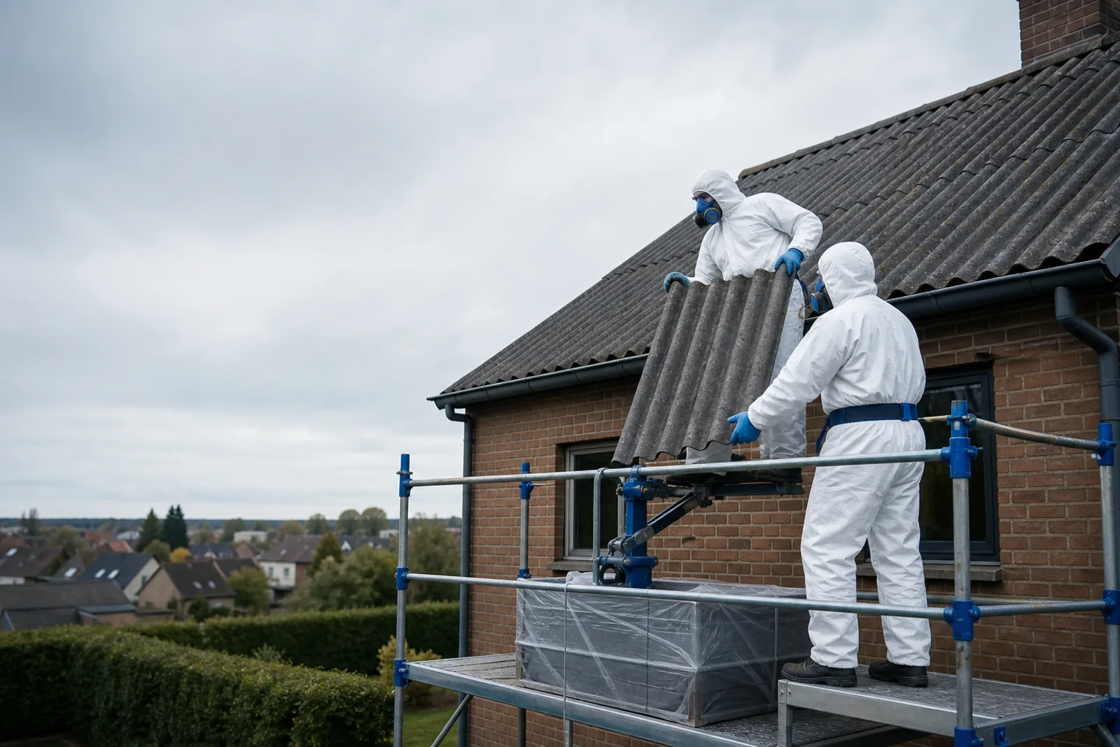 Professionals verwijderen intacte asbestcementplaten op een Vlaams dak