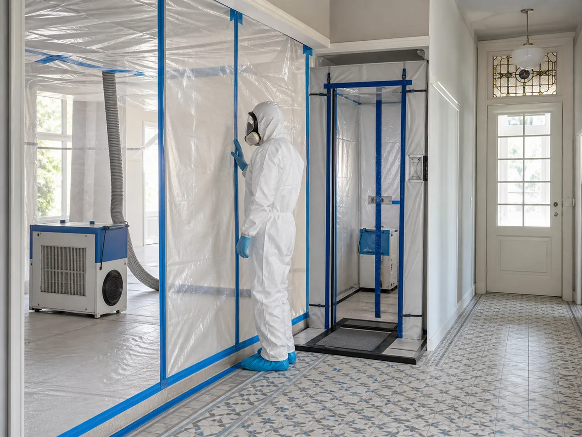 Hermetisch afgesloten werkzone voor asbestsanering in een woning